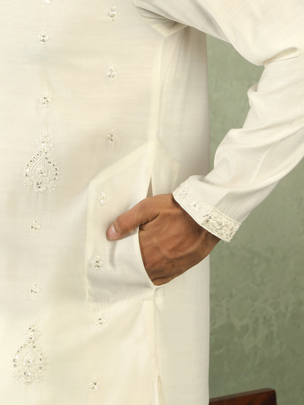 Men's Cotton Silk Traditional Mirror Work Embroidered Straight Kurta with Trouser Set - Cream