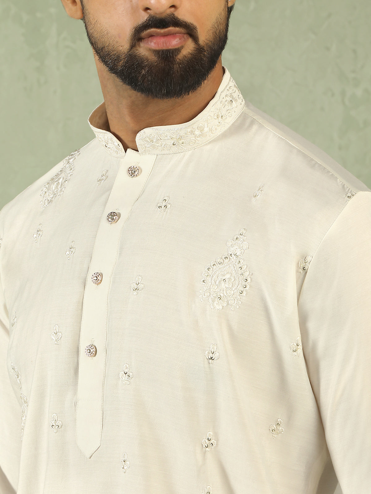 Men's Cotton Silk Traditional Mirror Work Embroidered Straight Kurta with Trouser Set - Cream