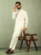 Men's Cotton Silk Traditional Mirror Work Embroidered Straight Kurta with Trouser Set - Cream