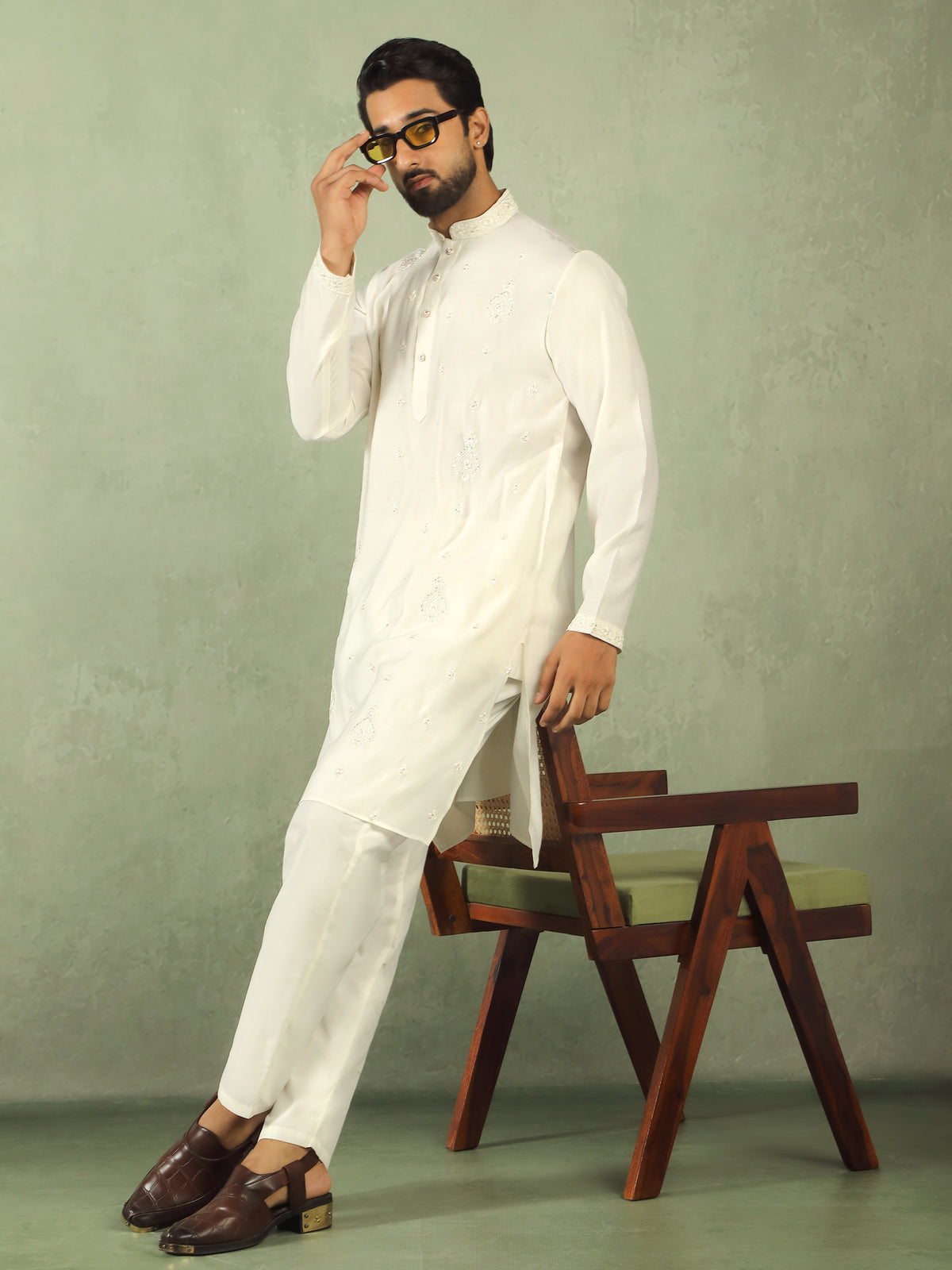 Men's Cotton Silk Traditional Mirror Work Embroidered Straight Kurta with Trouser Set - Cream