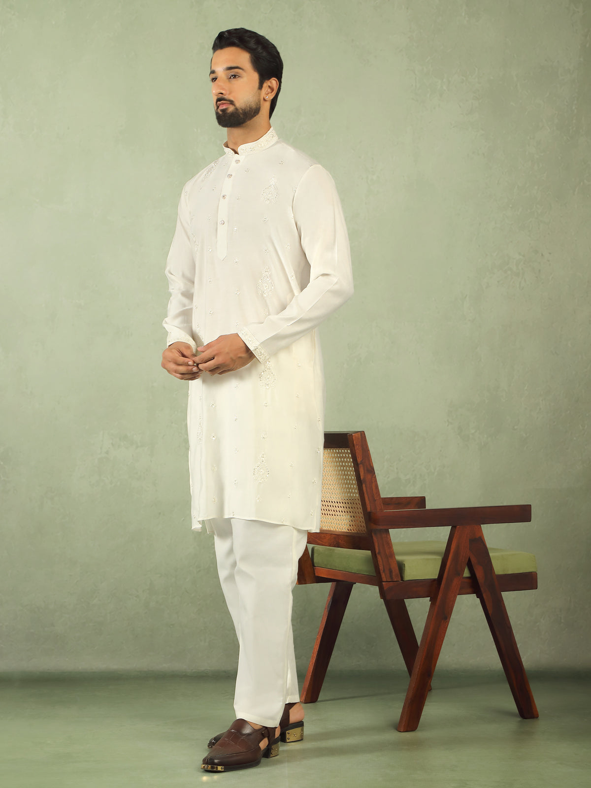 Men Cotton Silk Embroidered Ethnic Kurta - Cream