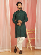 Men's Cotton Silk Traditional Mirror Work Embroidered Straight Kurta with Trouser Set - Green