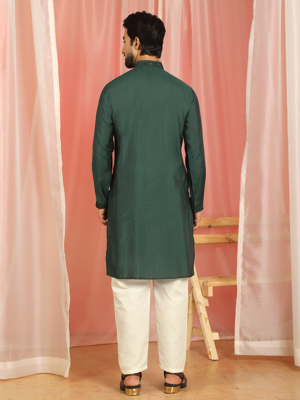 Men's Cotton Silk Traditional Mirror Work Embroidered Straight Kurta with Trouser Set - Green