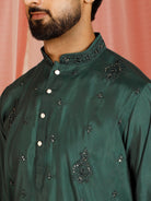 Men's Cotton Silk Traditional Mirror Work Embroidered Straight Kurta with Trouser Set - Green