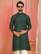 Men's Cotton Silk Traditional Mirror Work Embroidered Straight Kurta with Trouser Set - Green