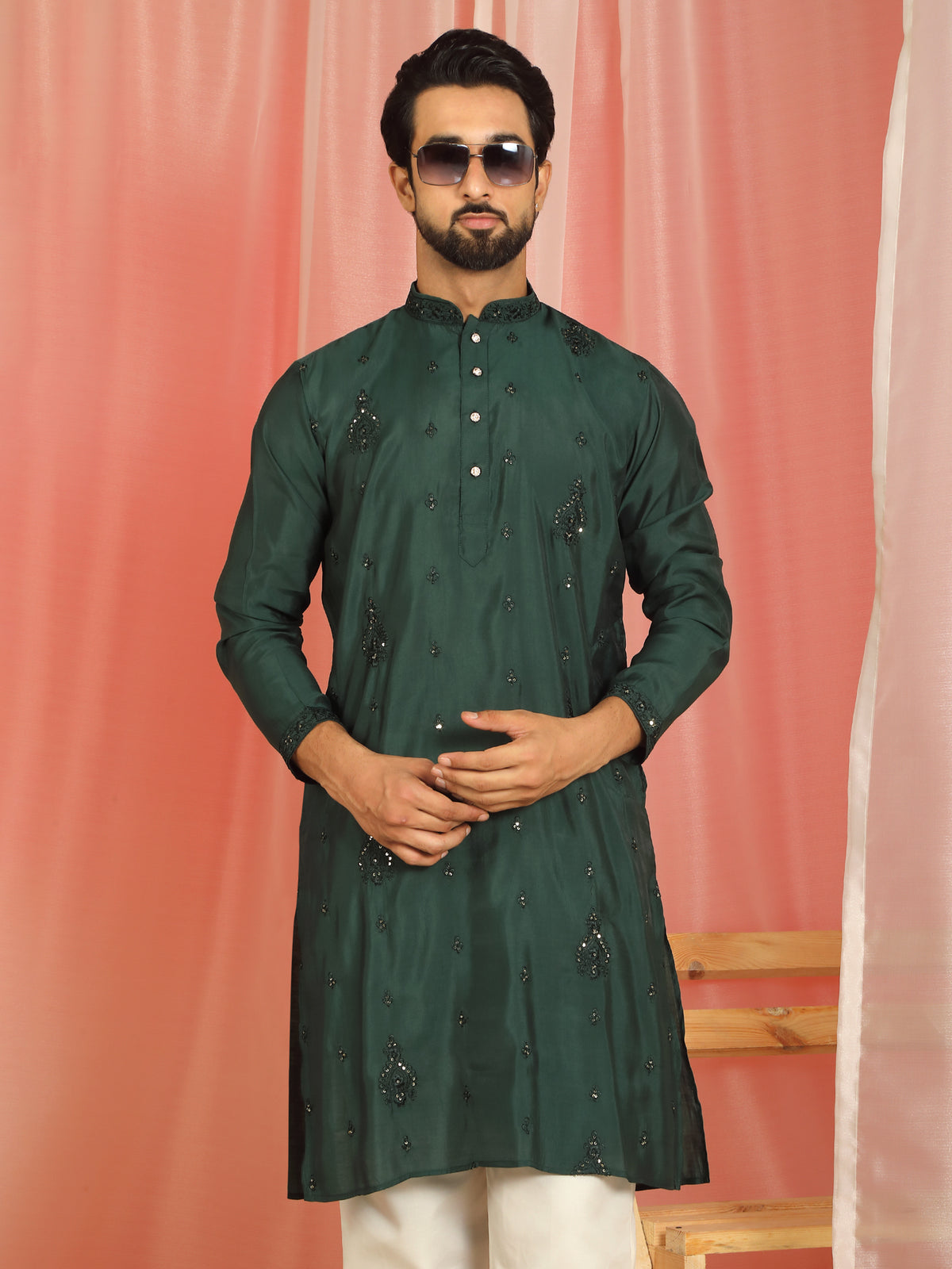 Men's Cotton Silk Traditional Mirror Work Embroidered Straight Kurta with Trouser Set - Green