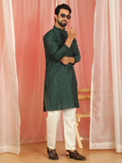 Men Cotton Silk Embroidered Ethnic Kurta - Green