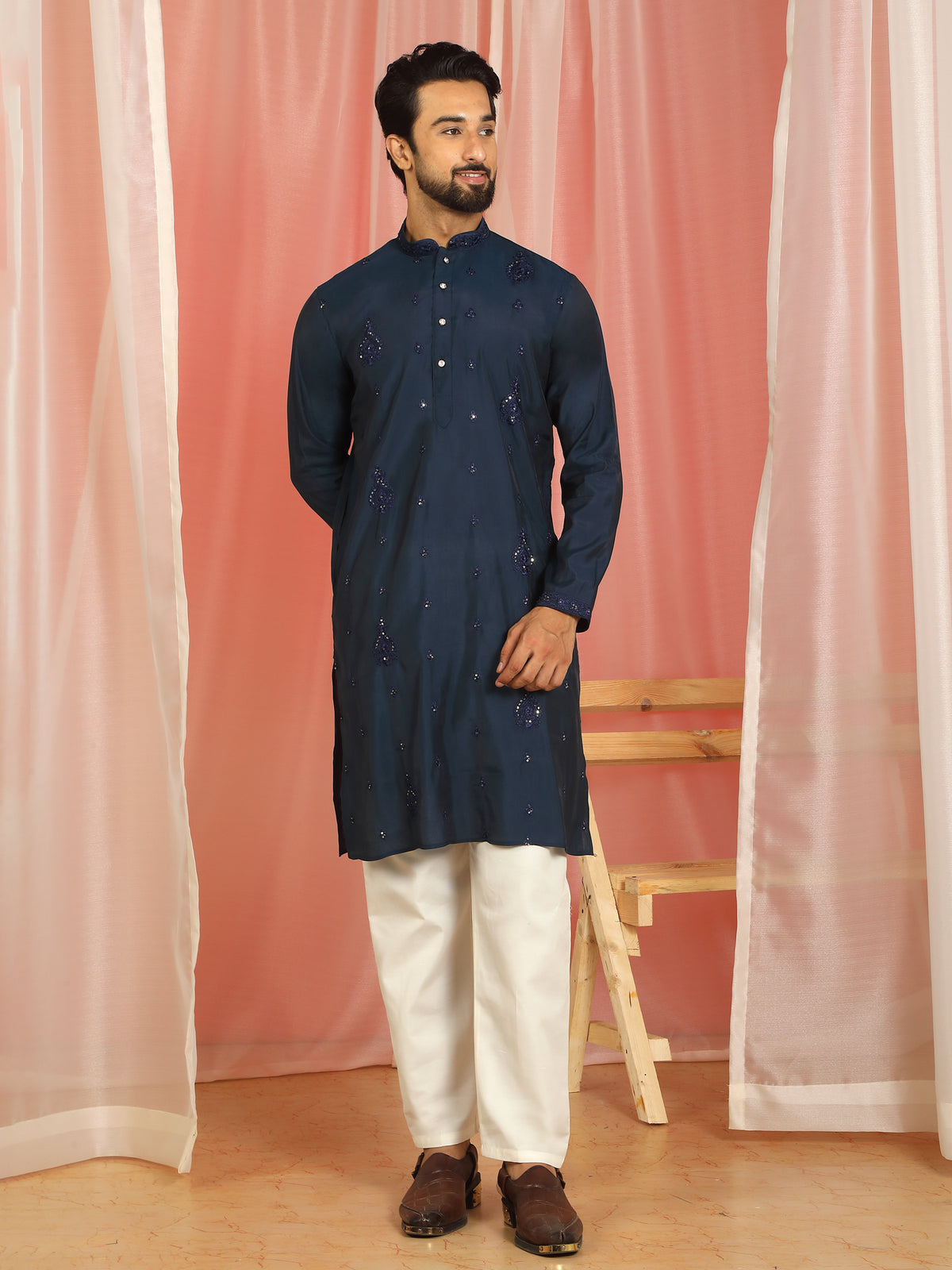 Men's Cotton Silk Traditional Mirror Work Embroidered Straight Kurta with Trouser Set - Navy Blue