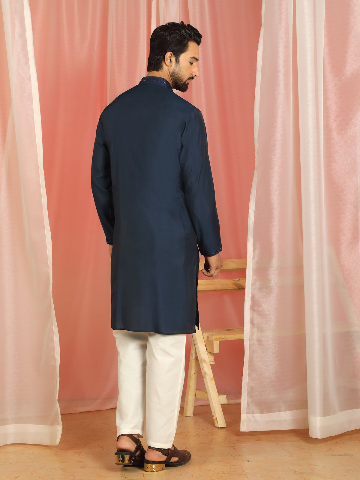 Men's Cotton Silk Traditional Mirror Work Embroidered Straight Kurta with Trouser Set - Navy Blue