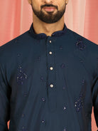 Men's Cotton Silk Traditional Mirror Work Embroidered Straight Kurta with Trouser Set - Navy Blue