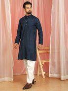 Men Cotton Silk Embroidered Ethnic Kurta - Navy Blue