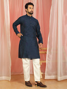 Men Cotton Silk Embroidered Ethnic Kurta - Navy Blue