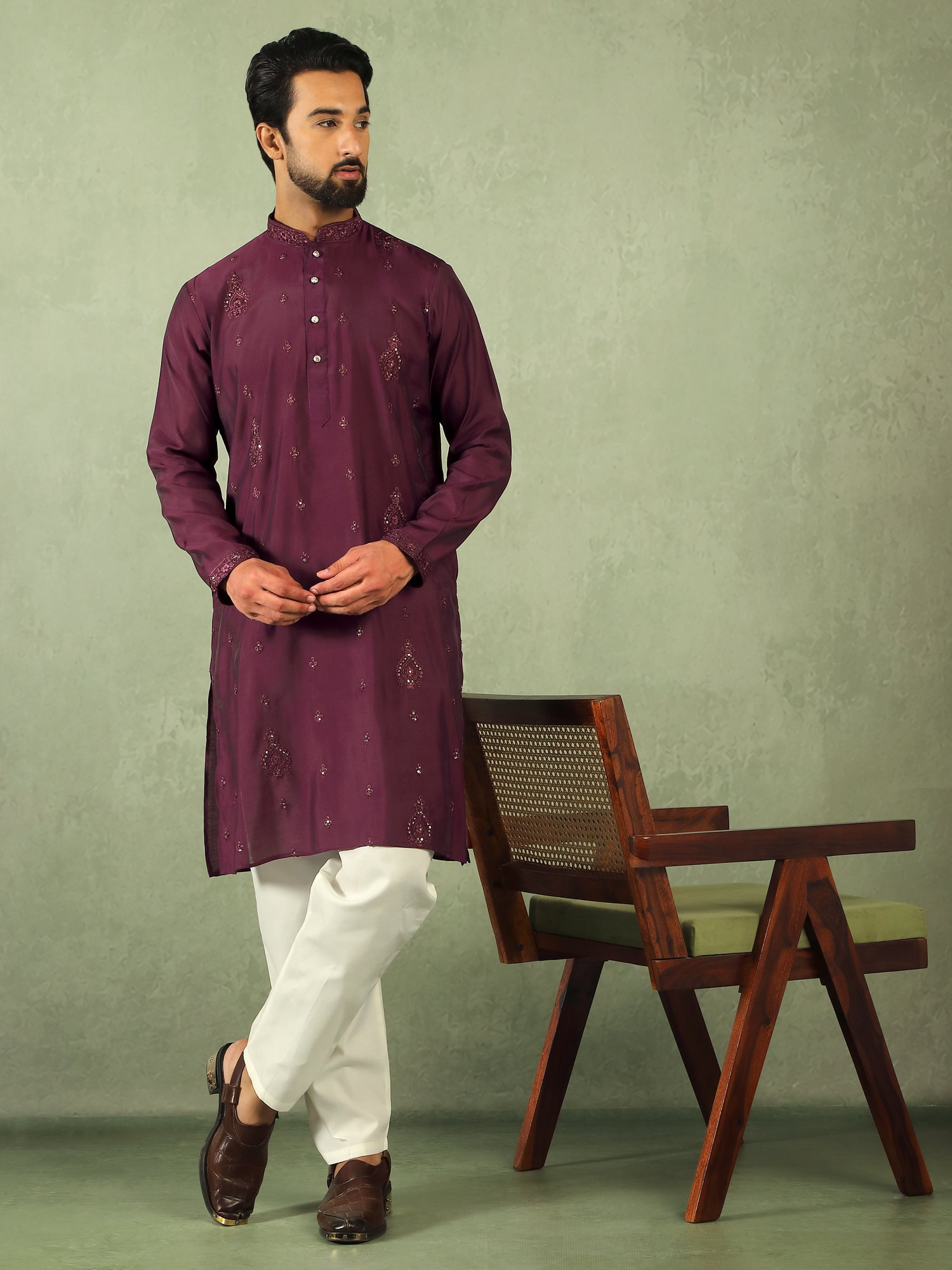 Men's Cotton Silk Traditional Mirror Work Embroidered Straight Kurta with Trouser Set - Wine