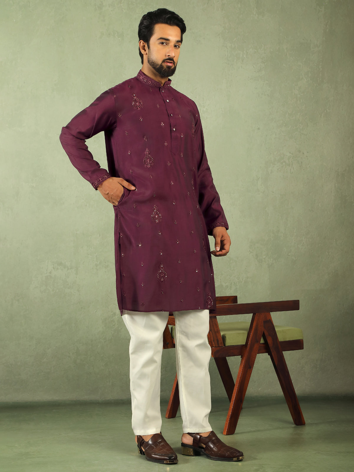 Men's Cotton Silk Traditional Mirror Work Embroidered Straight Kurta with Trouser Set - Wine