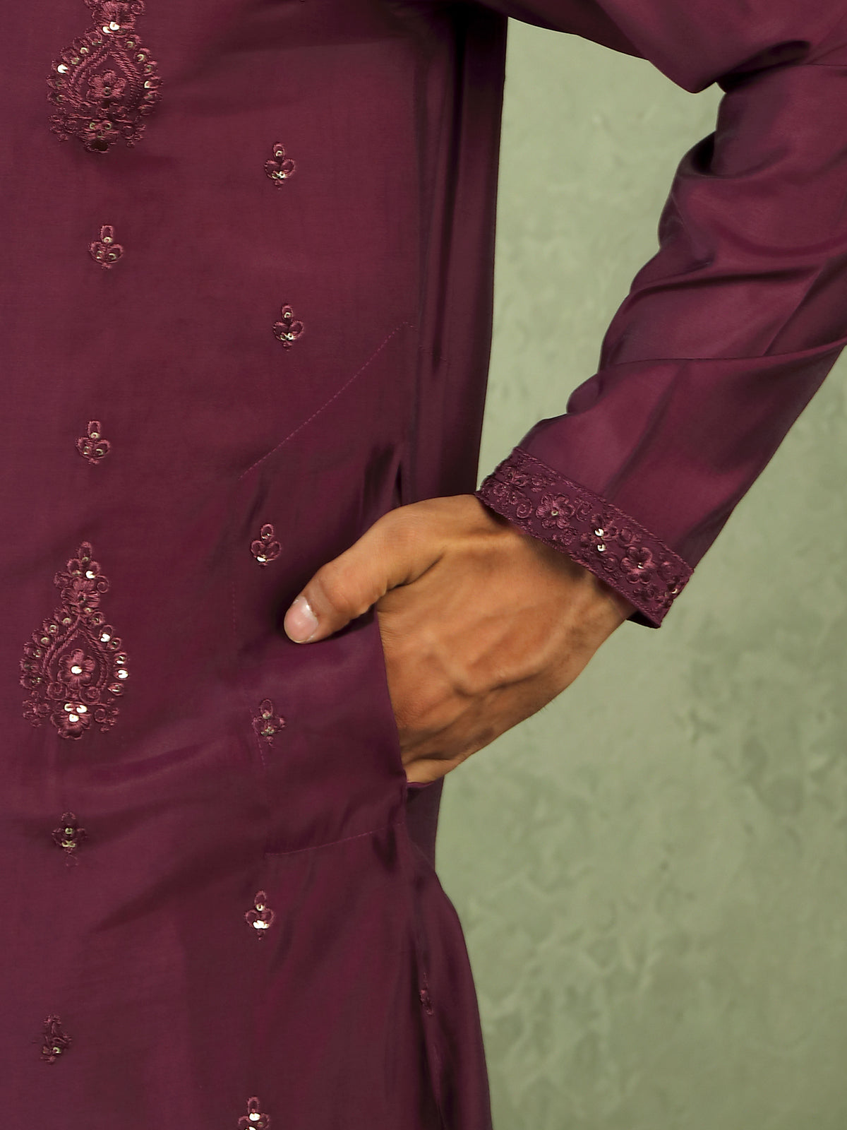 Men's Cotton Silk Traditional Mirror Work Embroidered Straight Kurta with Trouser Set - Wine