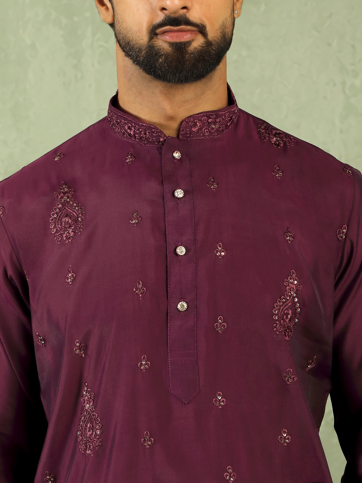 Men's Cotton Silk Traditional Mirror Work Embroidered Straight Kurta with Trouser Set - Wine