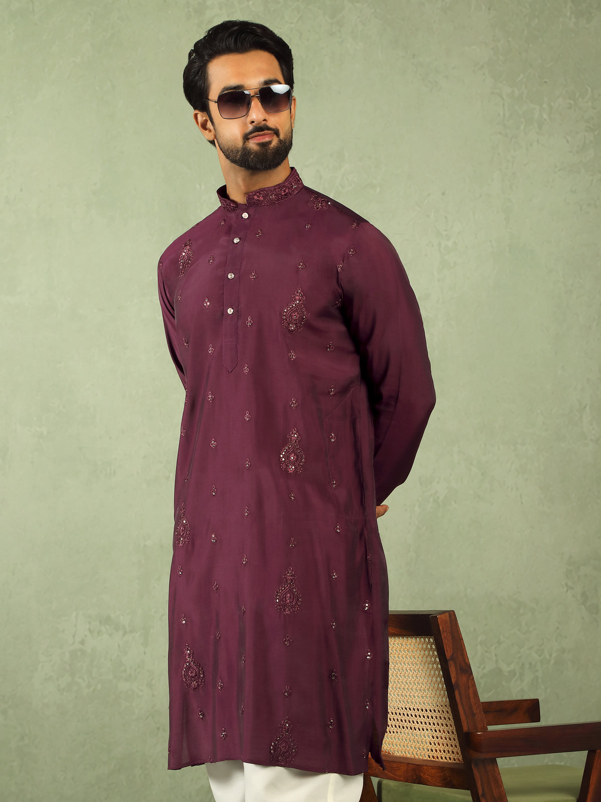 Men's Cotton Silk Traditional Mirror Work Embroidered Straight Kurta with Trouser Set - Wine