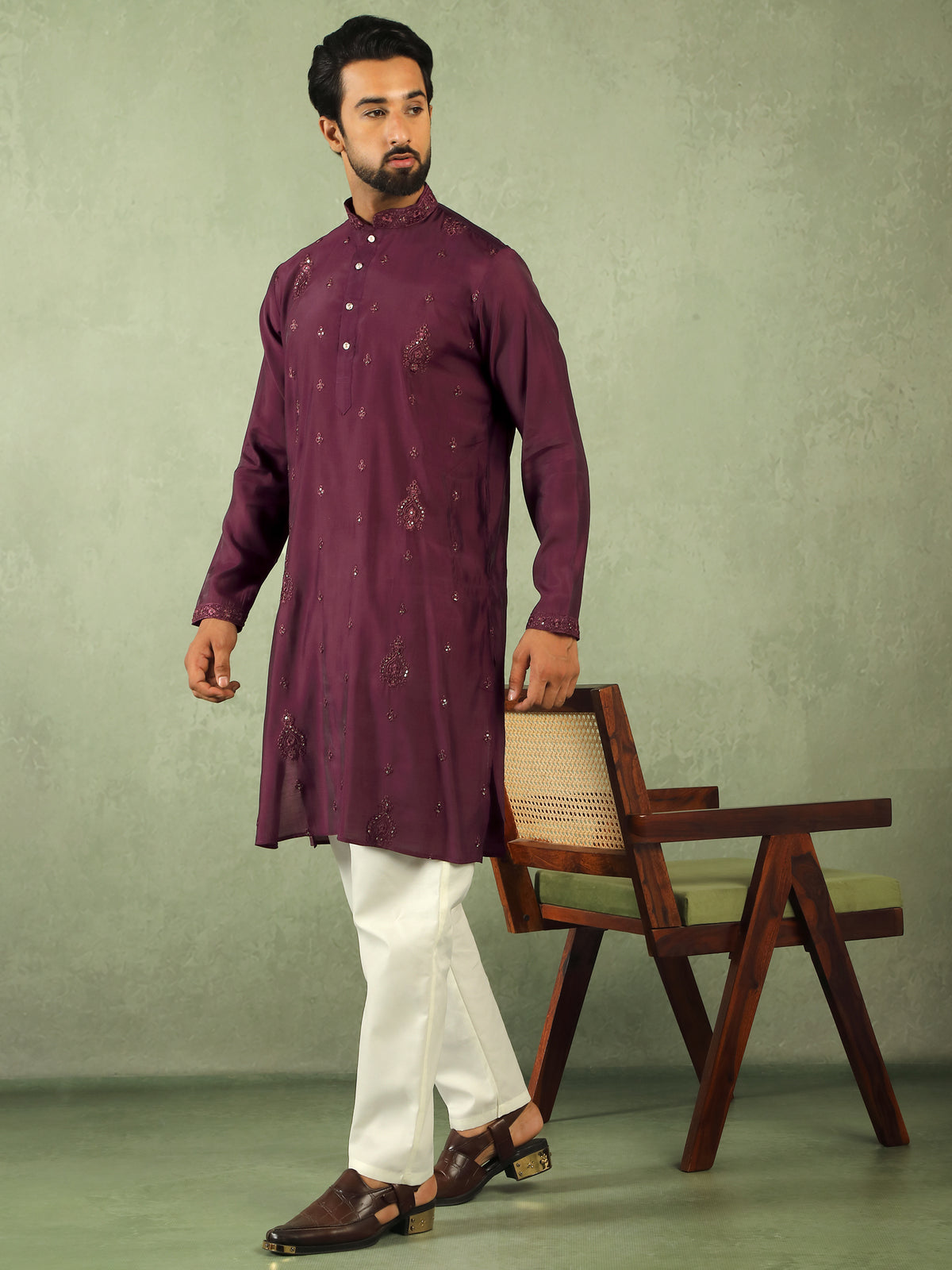 Men Cotton Silk Embroidered Ethnic Kurta - Wine
