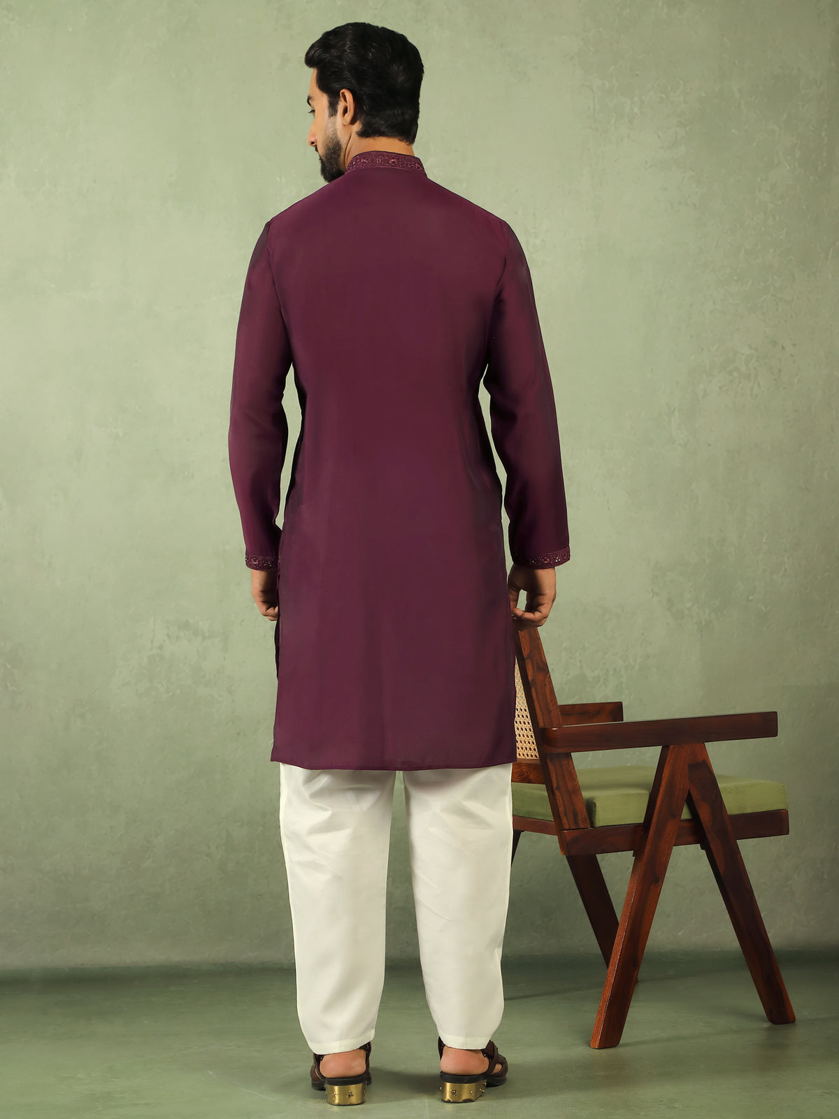 Men Cotton Silk Embroidered Ethnic Kurta - Wine