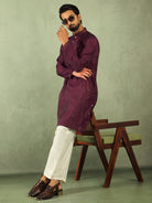 Men Cotton Silk Embroidered Ethnic Kurta - Wine