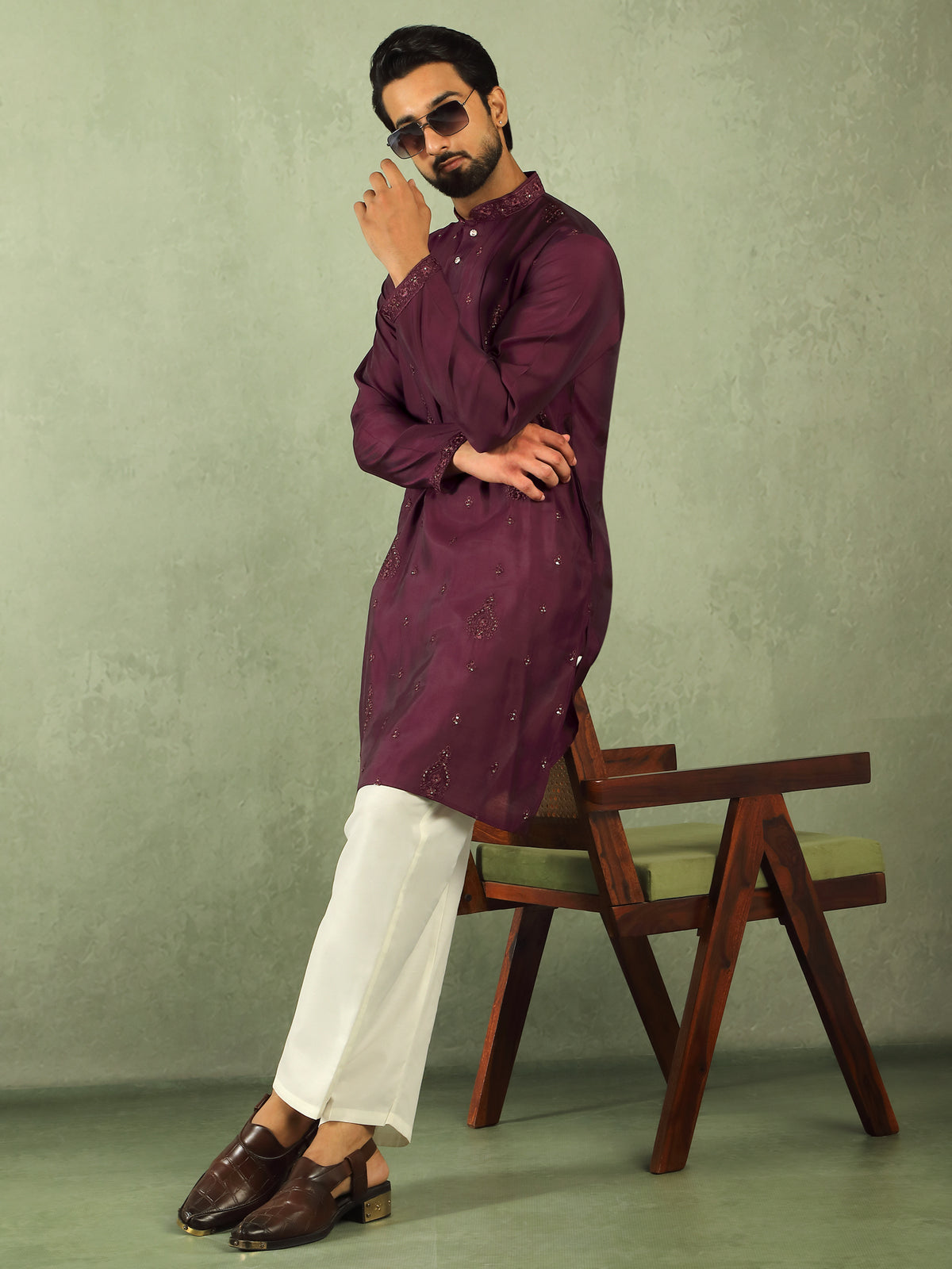 Men Cotton Silk Embroidered Ethnic Kurta - Wine