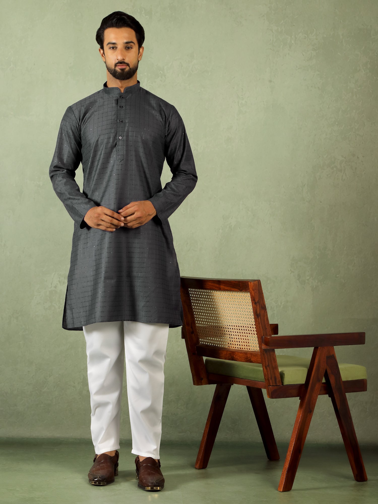 Men's Cotton Sequinned Block Pattern Straight Kurta with Trouser Set - Grey