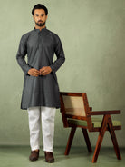 Men's Cotton Sequinned Block Pattern Straight Kurta with Trouser Set - Grey