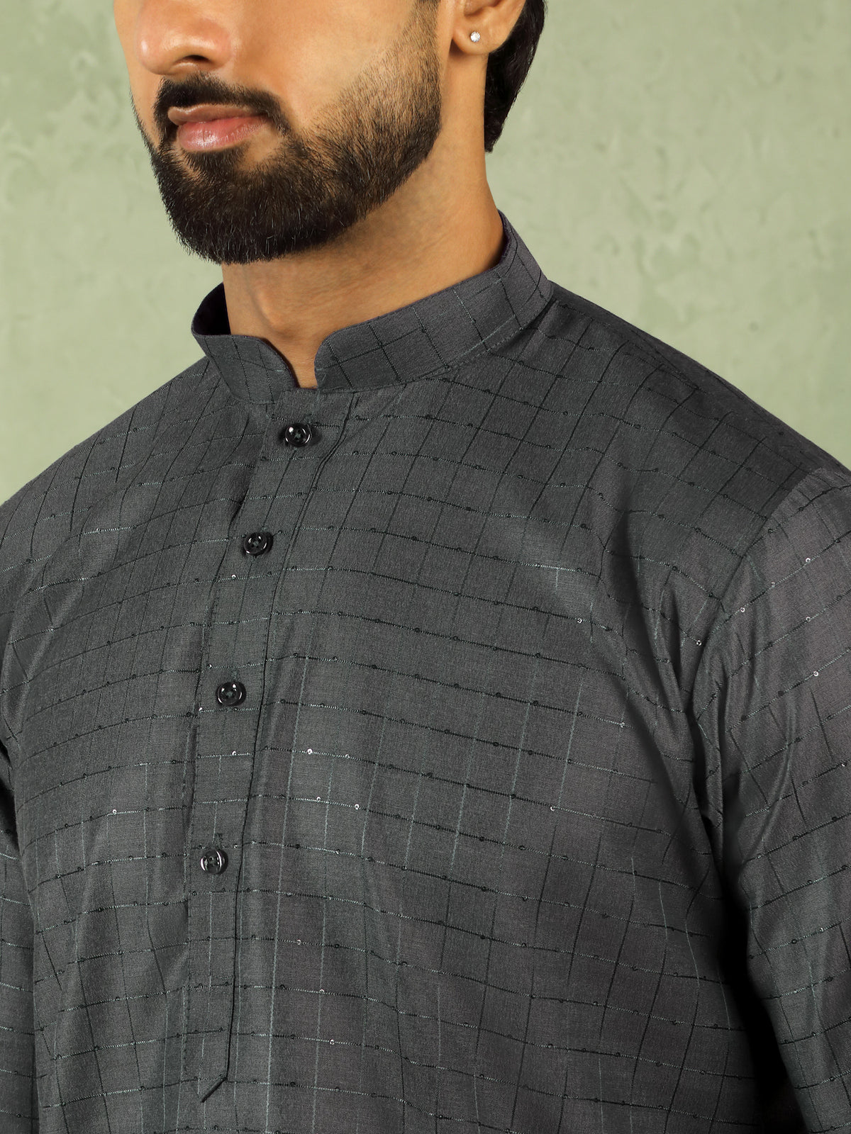 Men's Cotton Sequinned Block Pattern Straight Kurta with Trouser Set - Grey