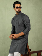 Men's Cotton Sequinned Block Pattern Straight Kurta with Trouser Set - Grey
