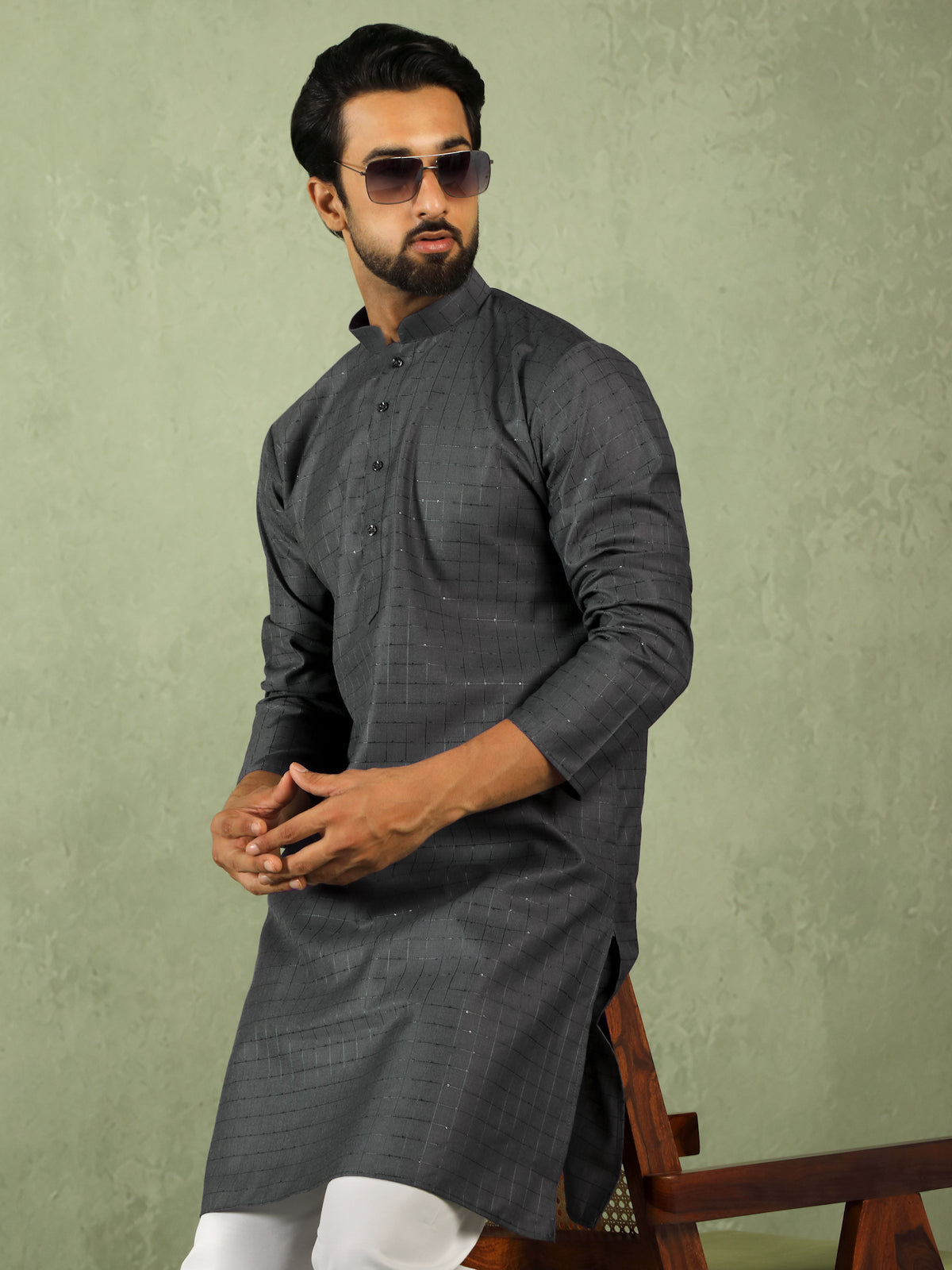 Men's Cotton Sequinned Block Pattern Straight Kurta with Trouser Set - Grey