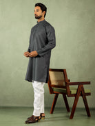 Men Cotton Geometric Mandarin Collor Kurta - Grey
