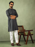 Men Cotton Geometric Mandarin Collor Kurta - Grey