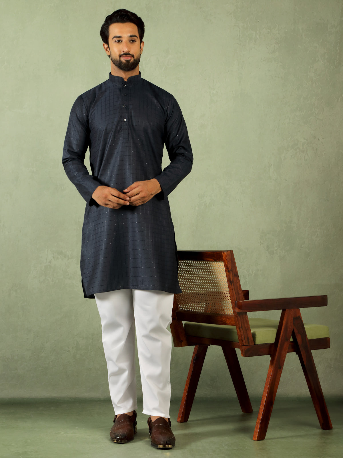 Men's Cotton Sequinned Block Pattern Straight Kurta with Trouser Set - Navy Blue