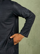 Men's Cotton Sequinned Block Pattern Straight Kurta with Trouser Set - Navy Blue