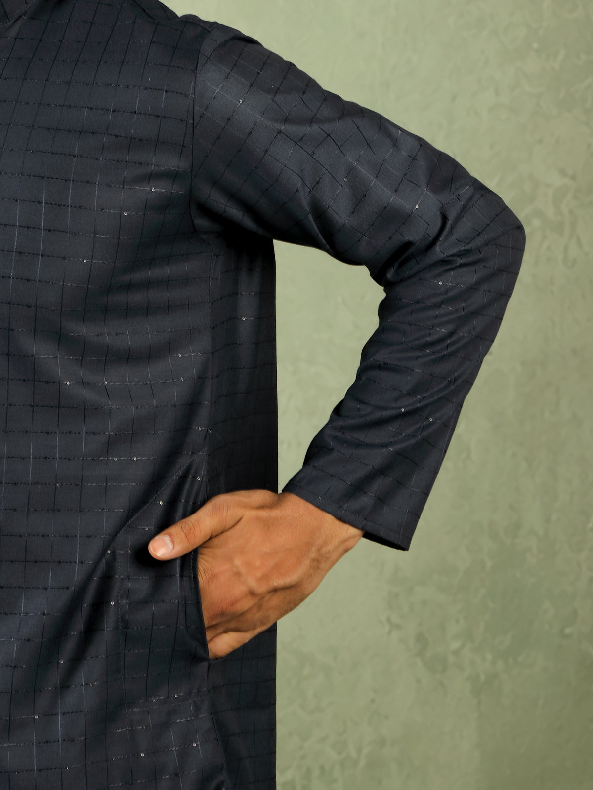 Men's Cotton Sequinned Block Pattern Straight Kurta with Trouser Set - Navy Blue
