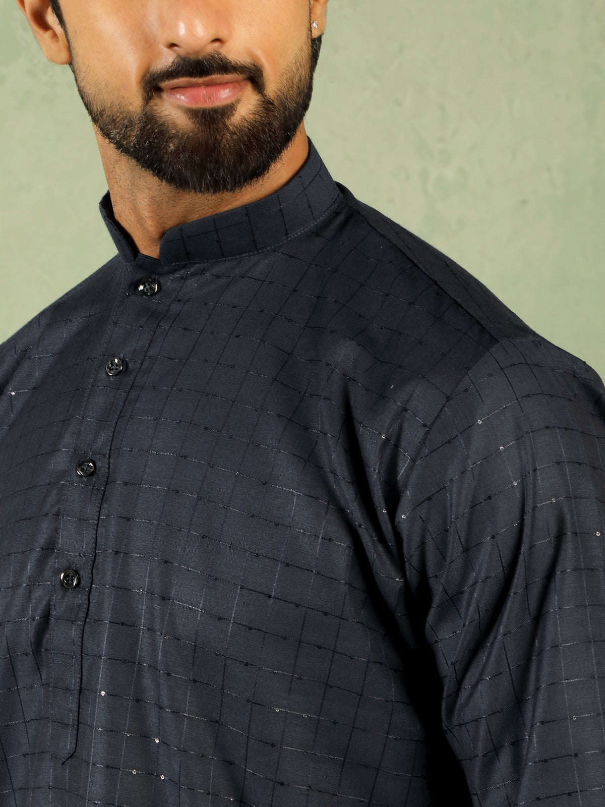 Men's Cotton Sequinned Block Pattern Straight Kurta with Trouser Set - Navy Blue