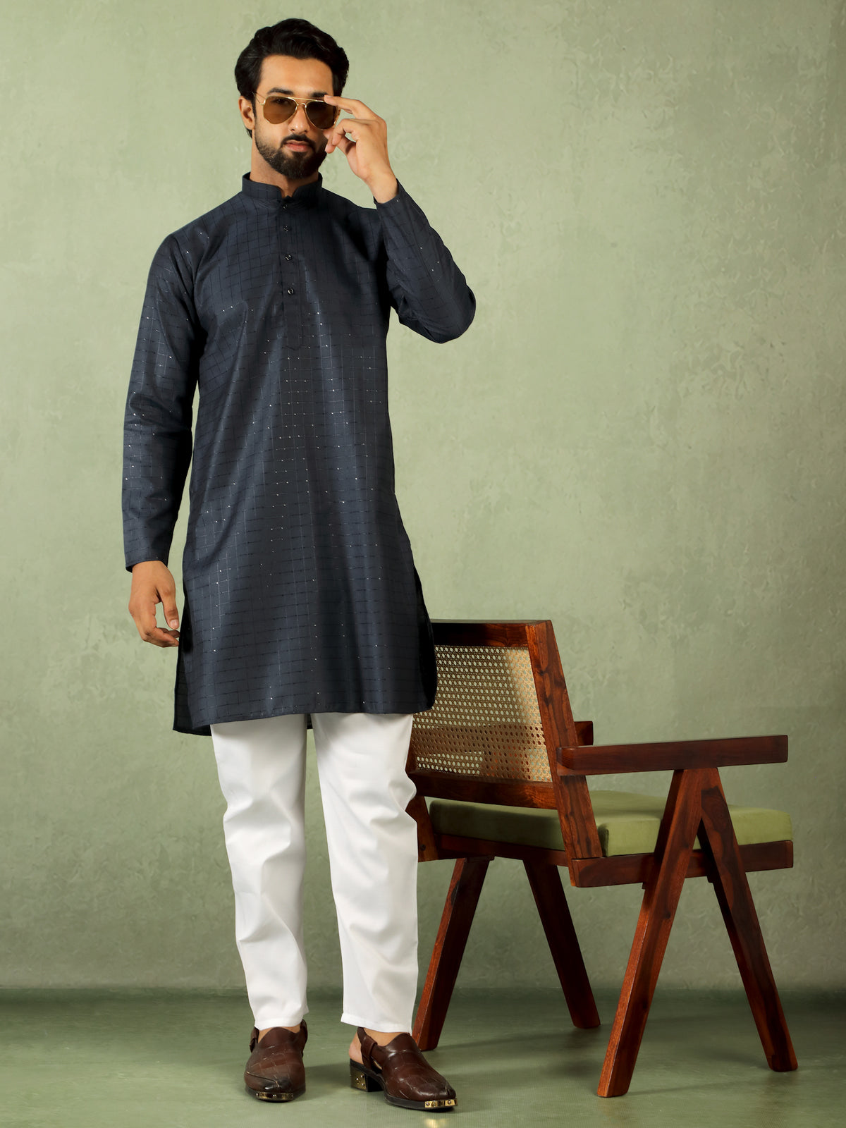 Men's Cotton Sequinned Block Pattern Straight Kurta with Trouser Set - Navy Blue