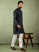 Men Cotton Geometric Mandarin Collor Kurta - Navy Blue
