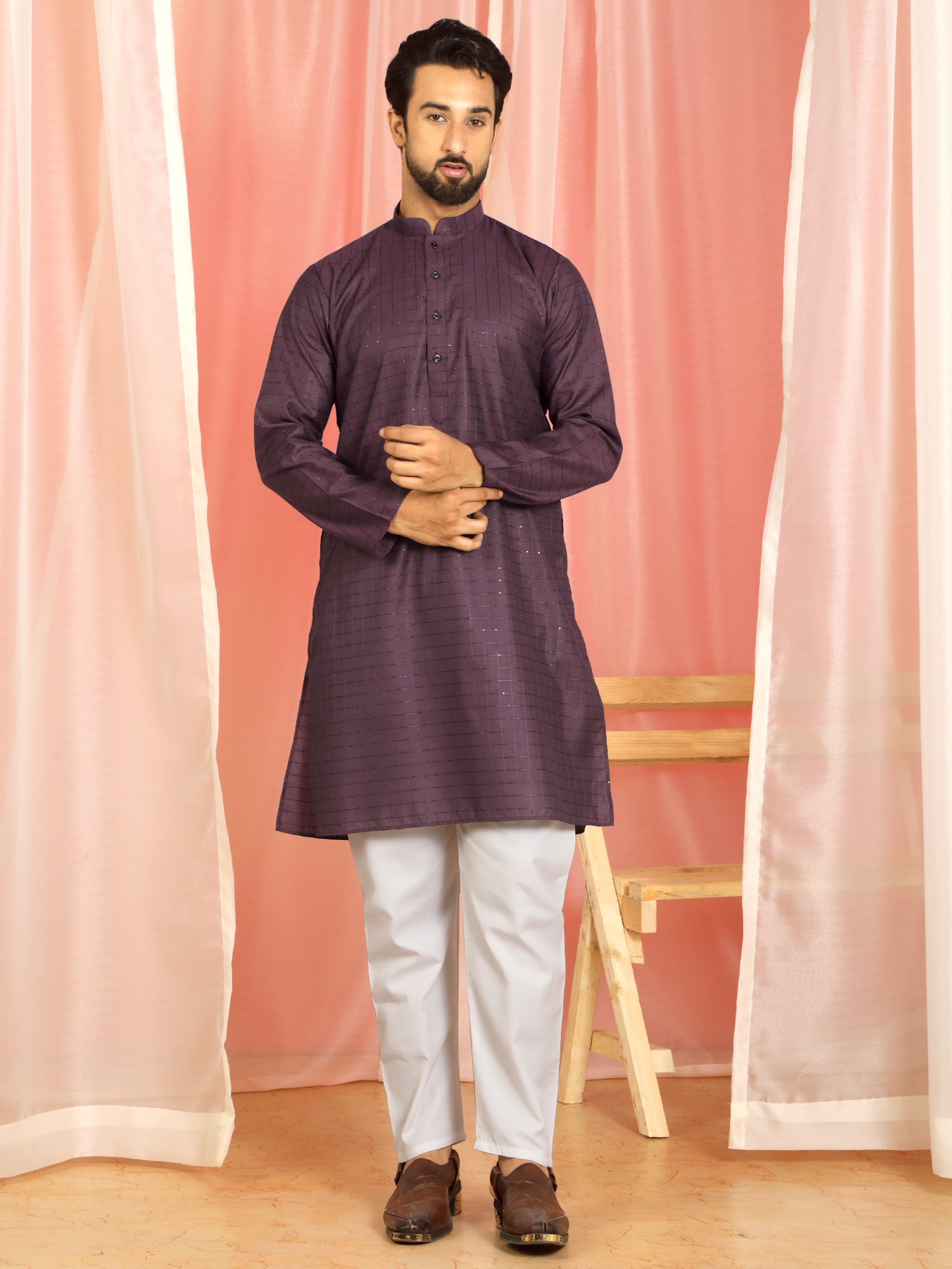 Men's Cotton Sequinned Block Pattern Straight Kurta with Trouser Set - Wine