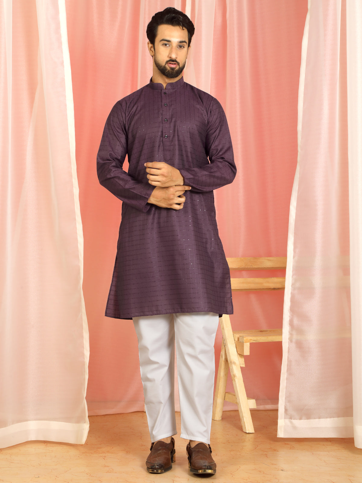 Men's Cotton Sequinned Block Pattern Straight Kurta with Trouser Set - Wine