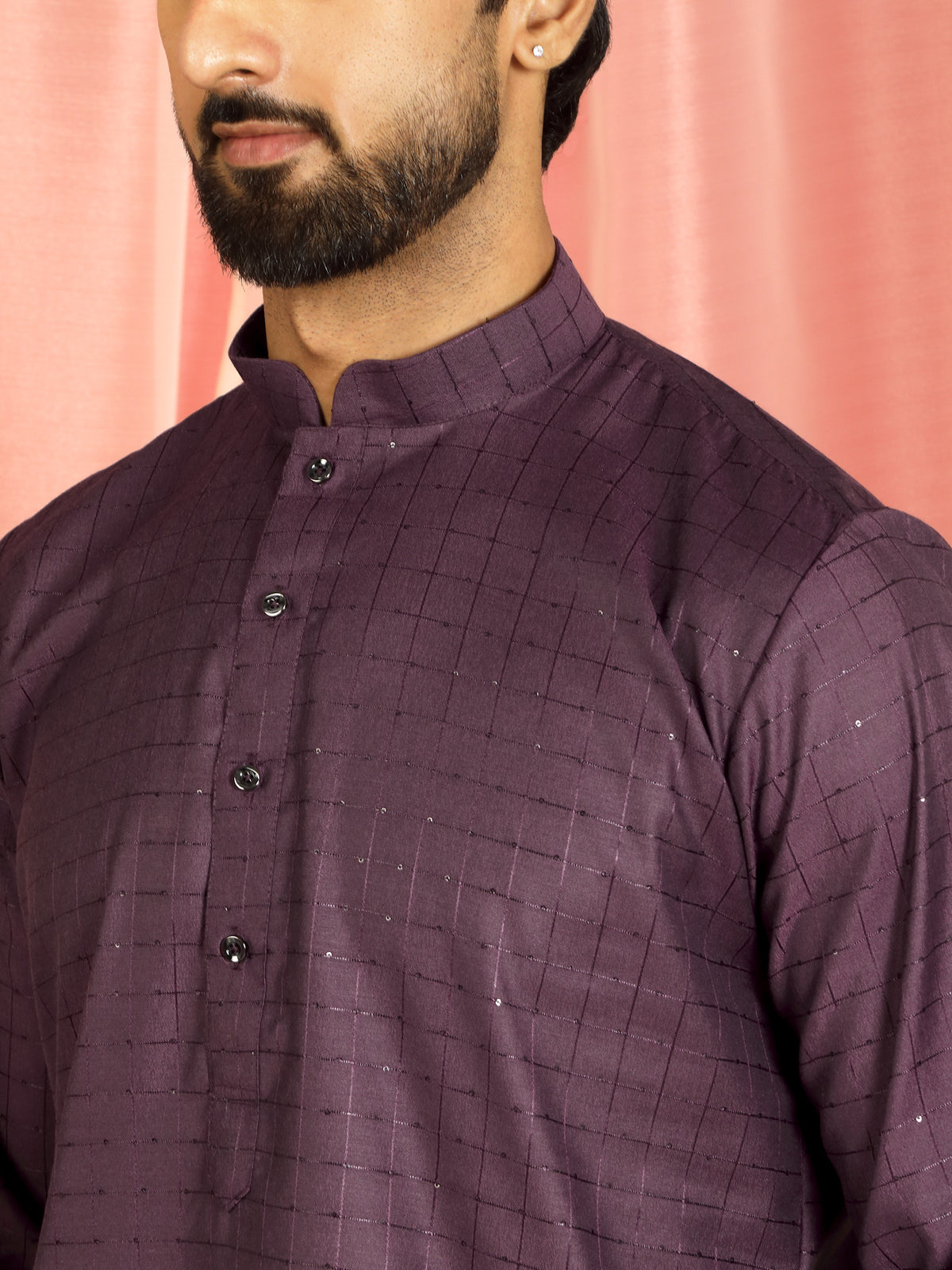 Men's Cotton Sequinned Block Pattern Straight Kurta with Trouser Set - Wine