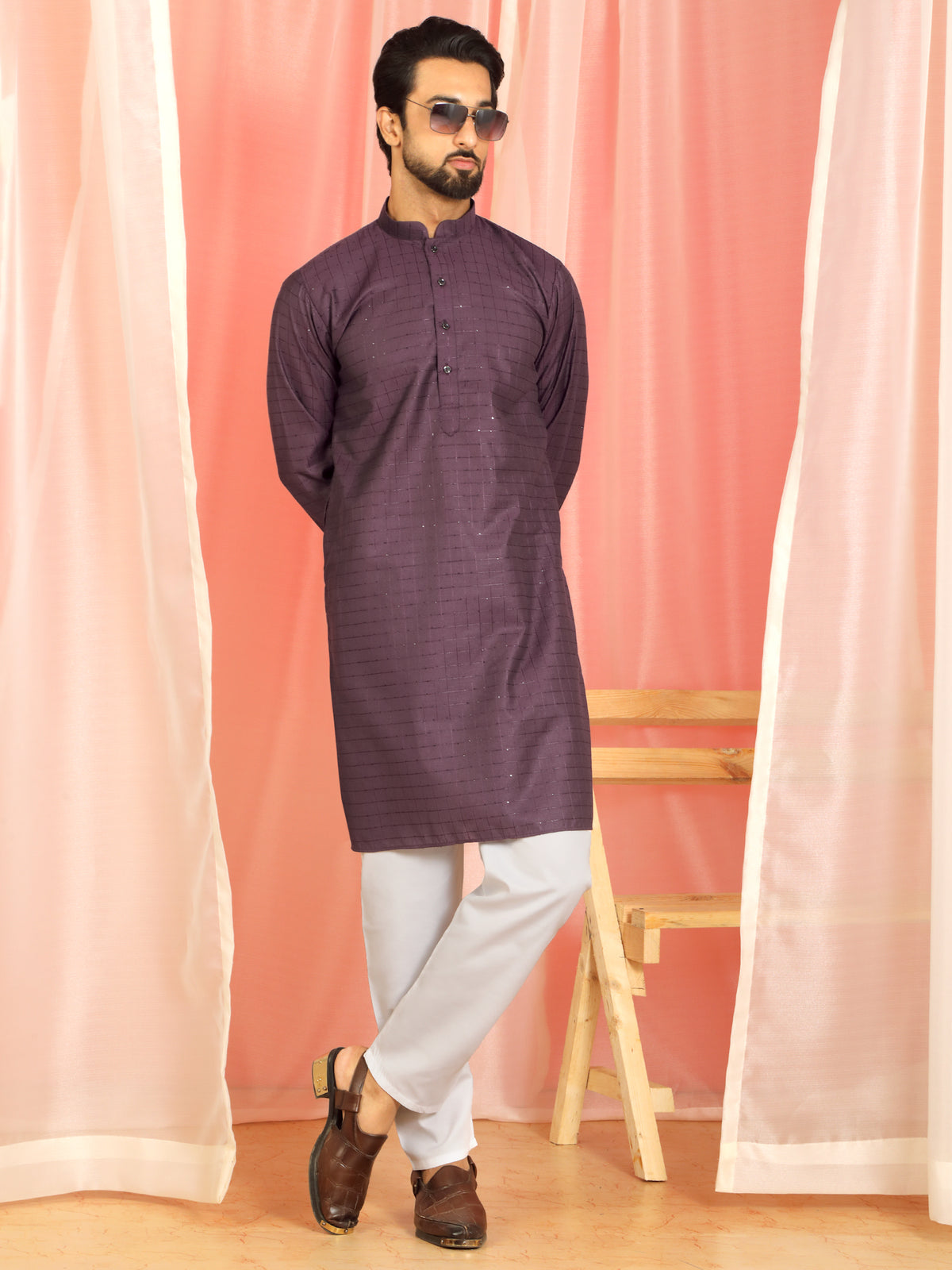 Men's Cotton Sequinned Block Pattern Straight Kurta with Trouser Set - Wine