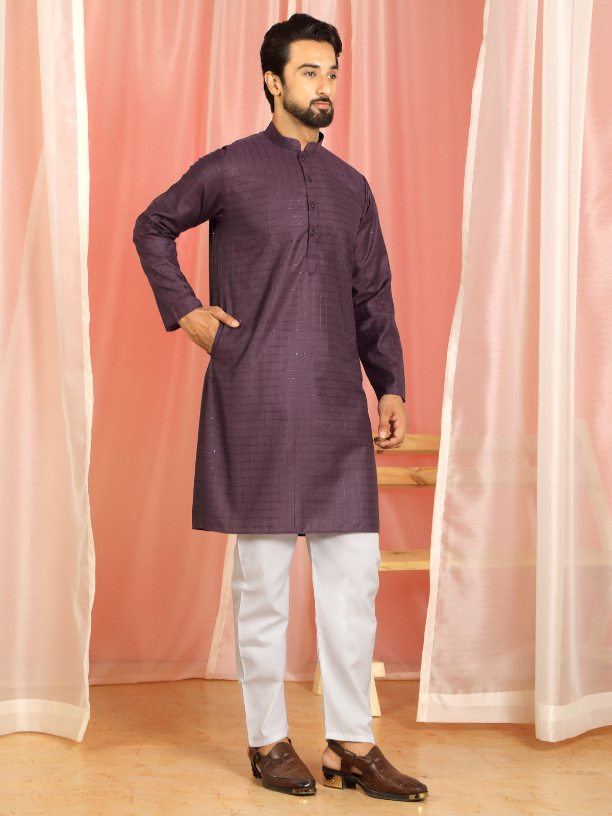 Men Cotton Geometric Mandarin Collor Kurta - Wine