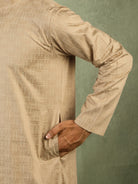 Men's Cotton Geometric Patterned Straight Kurta with Trouser Set - Beige