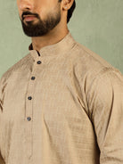 Men's Cotton Geometric Patterned Straight Kurta with Trouser Set - Beige