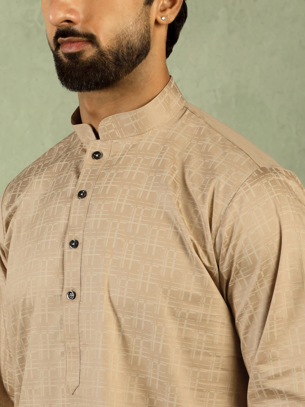 Men's Cotton Geometric Patterned Straight Kurta with Trouser Set - Beige