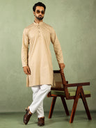 Men's Cotton Geometric Patterned Straight Kurta with Trouser Set - Beige