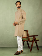 Men Cotton Geometric Mandarin Collor Kurta - Beige