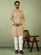 Men Cotton Geometric Mandarin Collor Kurta - Beige