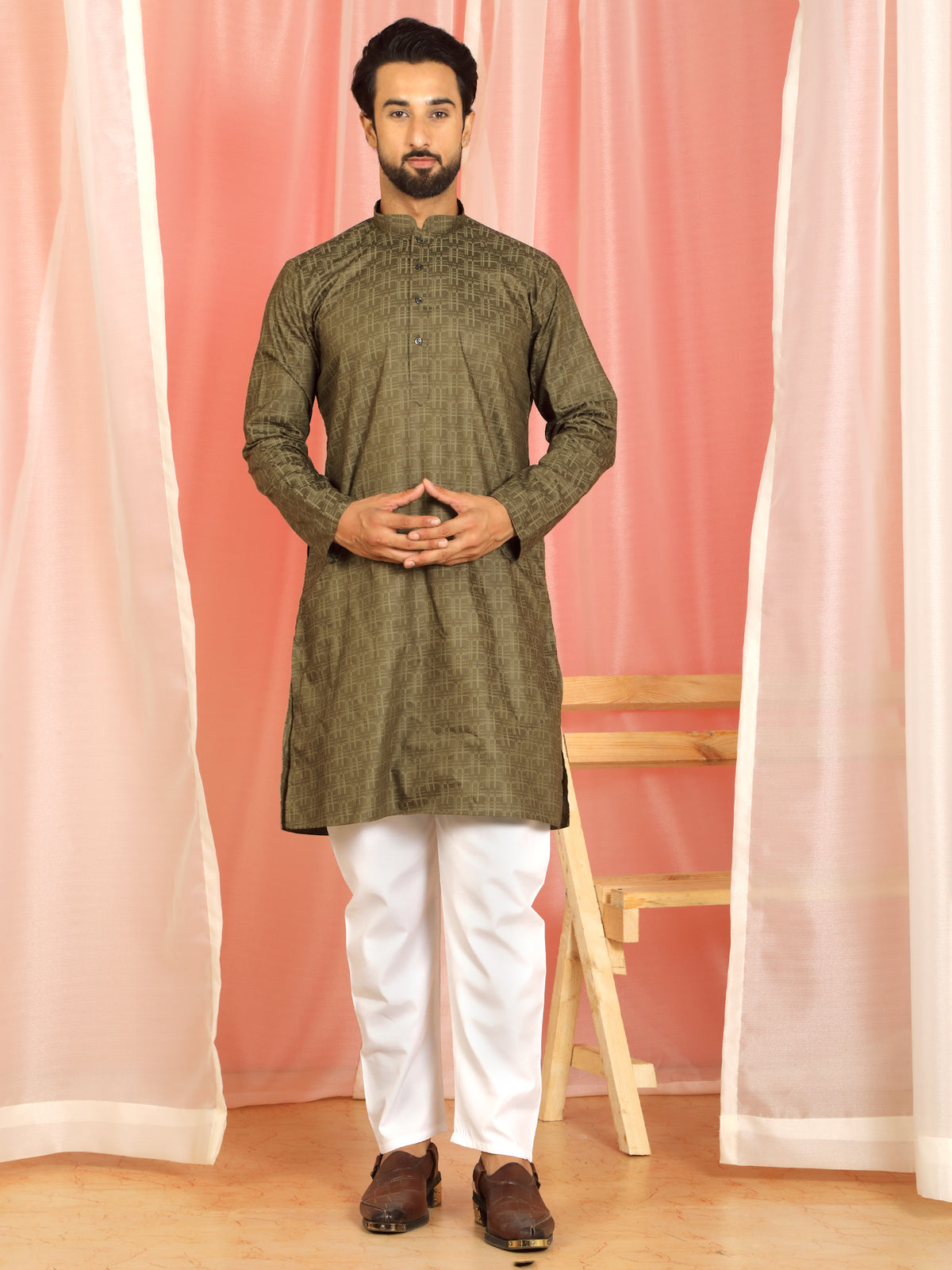 Men's Cotton Geometric Patterned Straight Kurta with Trouser Set - Mehndi